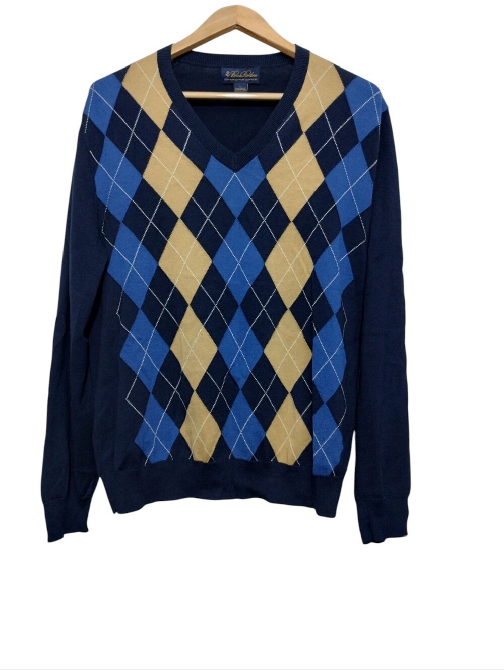 Brooks Brothers Mens L V-neck Sweater Classic Navy Argyle Cashmere Blend Preppy